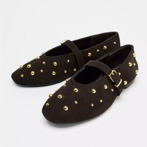Zara brand new limited edition suede Studded Brown Mary Jane Flats